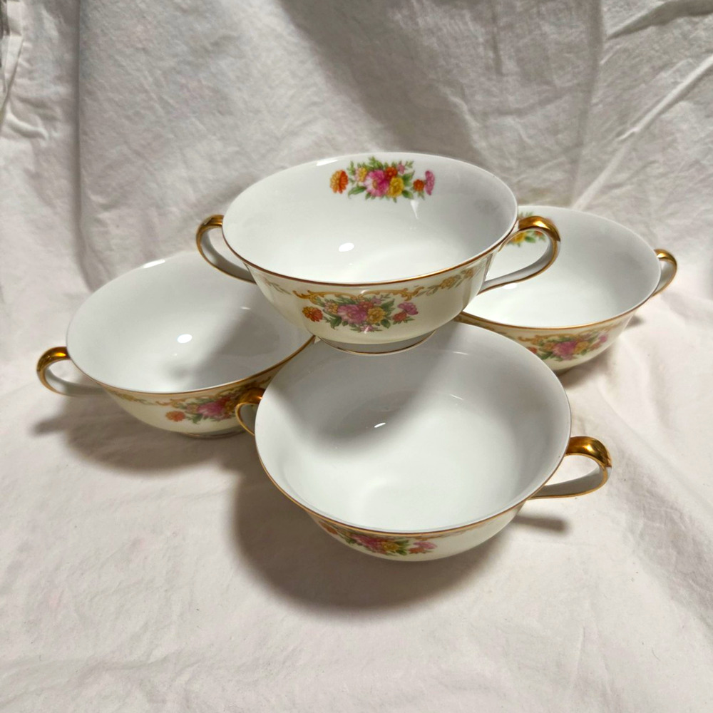 Vtg Noritake Japan Flora "Gloria" Porcelain Dessert Bowls Handles 4.5" Set of 4